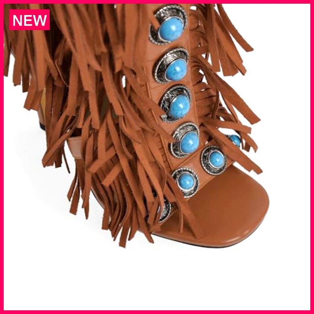 Women's Knee High Sandals, Fringe Studded Heels, 4.72 Inch Heel, Party Wear - Picture 5 of 7